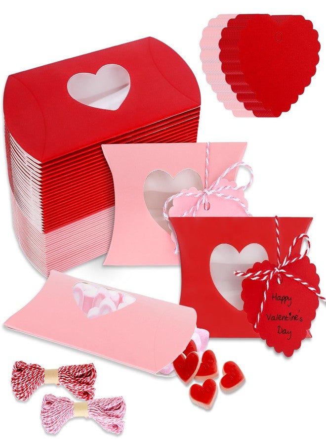 JarThenaAMCS 50Pcs Valentine's Day Treat Boxes with Gift Tags Cotton Rope Red Pink Pillow Boxes with Heart PVC Window Gift Paper Container for Sweets Chocolate Birthday Wedding Party - Image 1